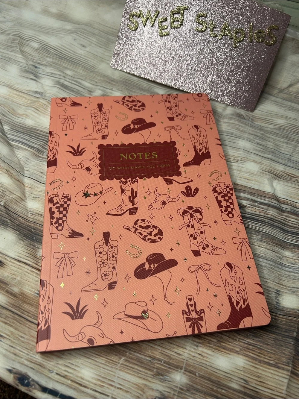 🎀Coral Western Boot Pattern Notebook - Gold Boho Notes Happy Journal